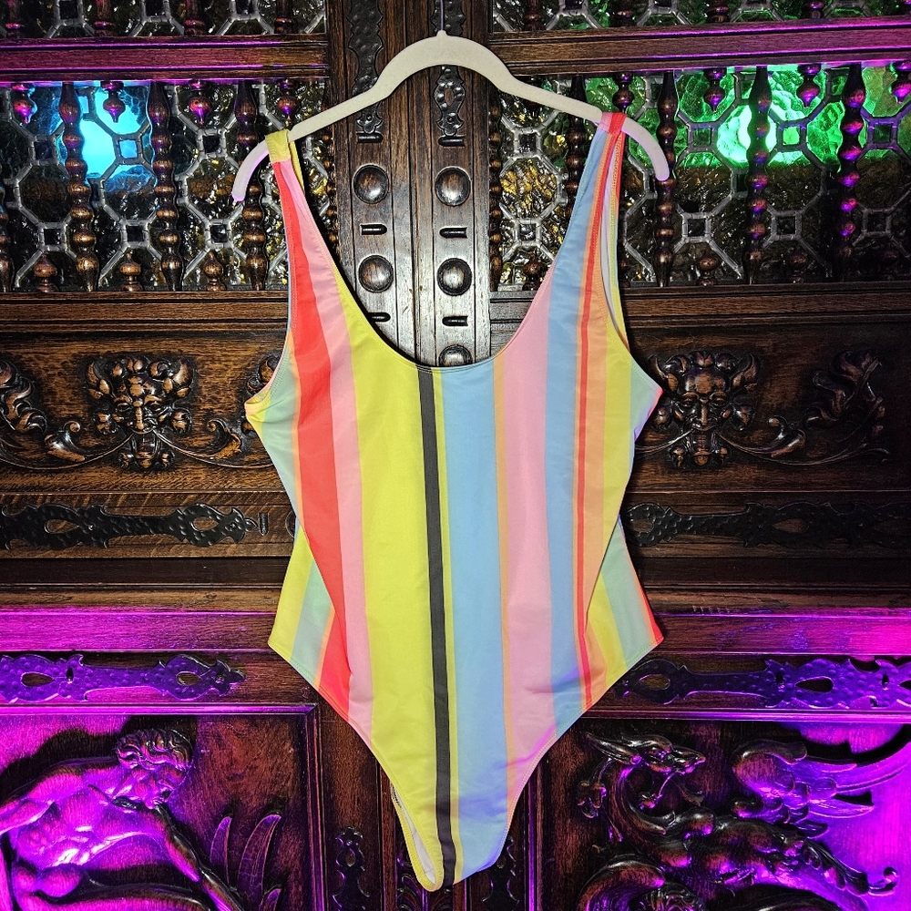 Yellow and Pink One Piece Swimsuit with Plunging Back